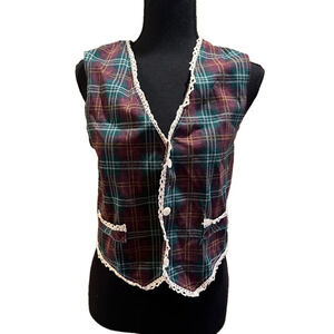 LAJATE BURGUNDY GREEN PLAID BUTTON DOWN VEST
